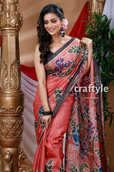 Dark blush red hand painted pure tussar saree floral-patterned saree 2