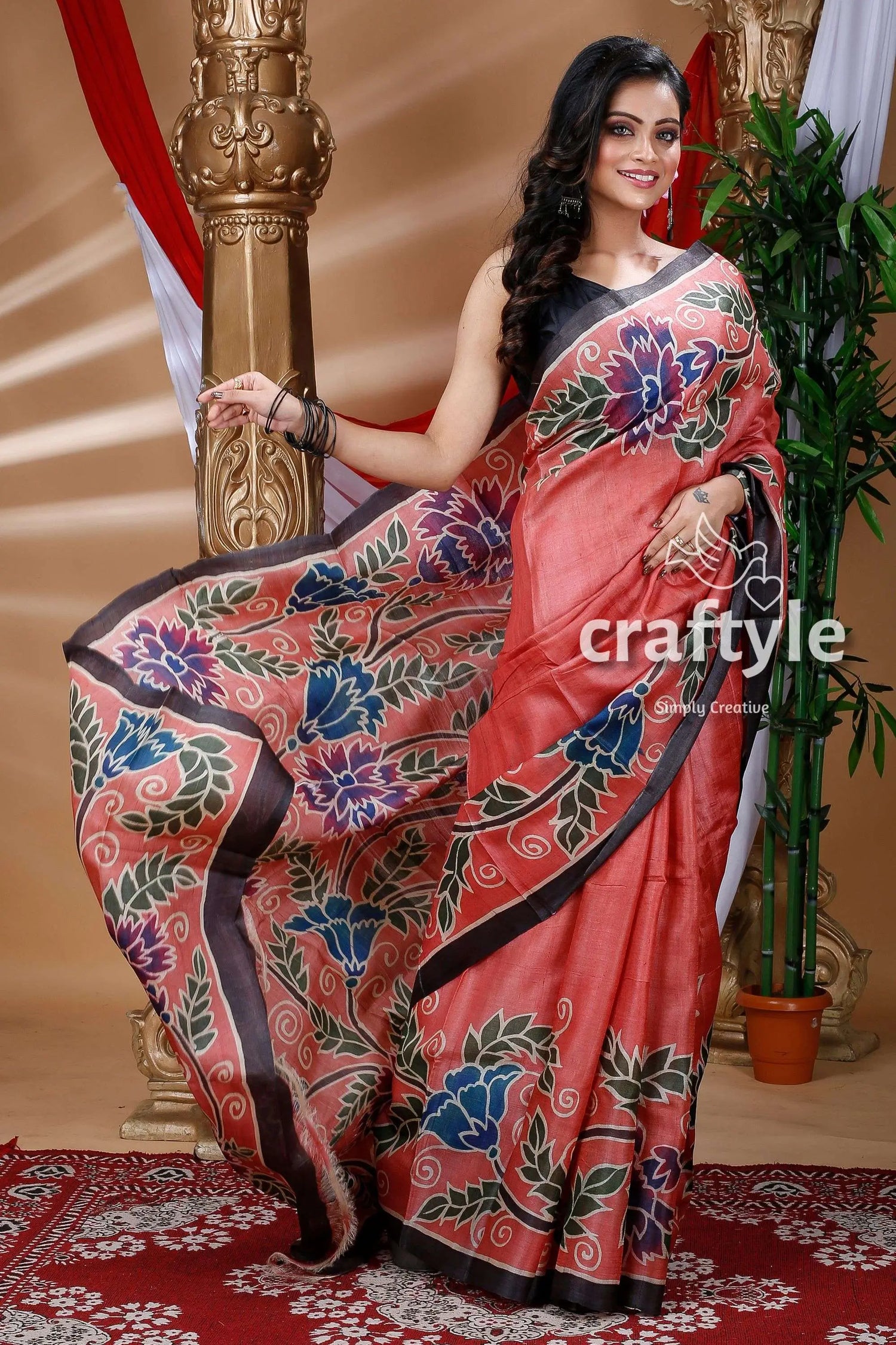 Dark blush red hand painted pure tussar saree woman floral-patterned sari 3