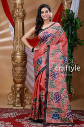 Dark blush red hand painted pure tussar saree woman floral-patterned saree 1
