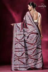 Dark burgundy white thread silk kantha stitch saree maroon white patterned saree 4