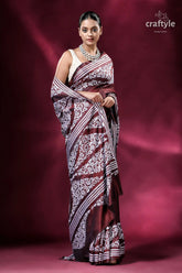 Dark burgundy white thread silk kantha stitch saree maroon white patterned saree 5