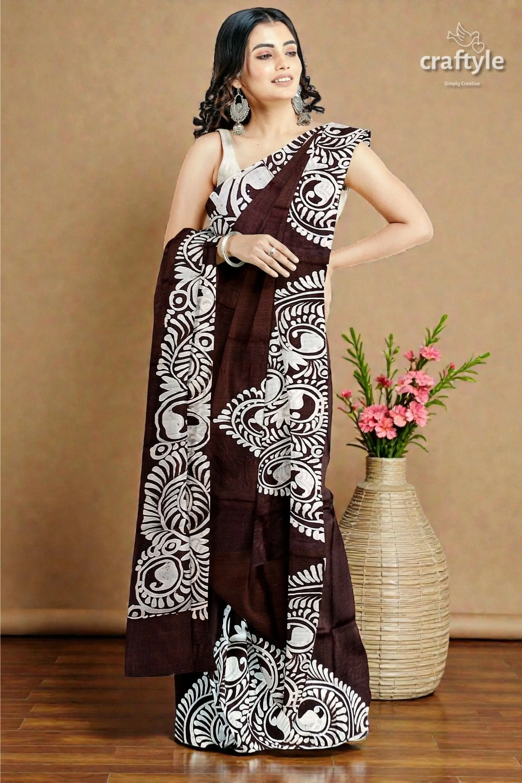 Dark cocoa brown soru tuli hand batik mulberry pure silk sari 3