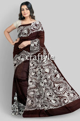 Dark cocoa brown soru tuli hand batik mulberry pure silk sari brown saree white peacock pattern 3