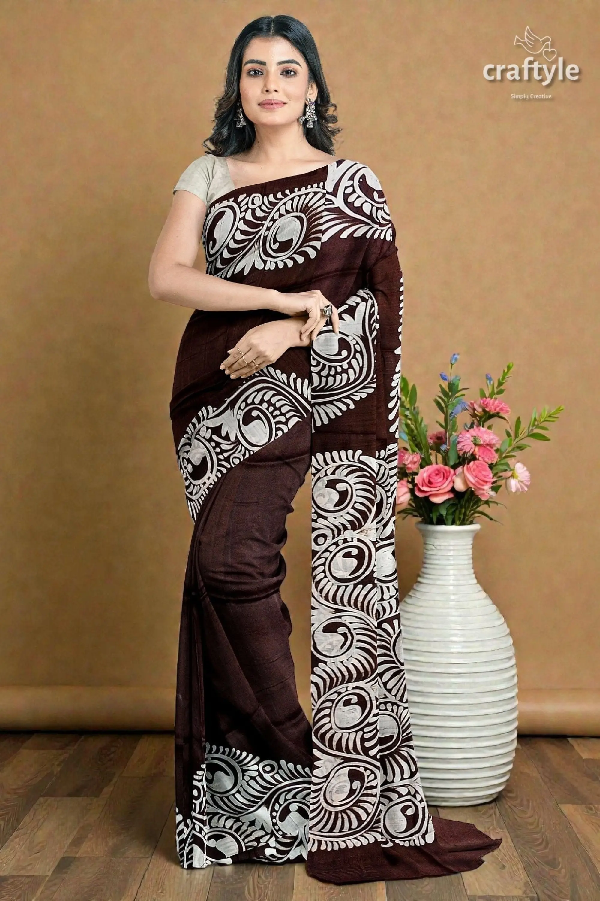 Dark cocoa brown soru tuli hand batik mulberry pure silk sari 5