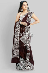 Dark cocoa brown soru tuli hand batik mulberry pure silk sari brown saree white tribal-inspired designs 4