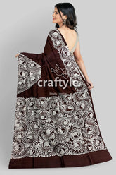 Dark cocoa brown soru tuli hand batik mulberry pure silk sari brown white patterned saree 6