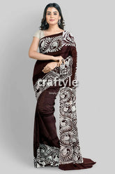 Dark cocoa brown soru tuli hand batik mulberry pure silk sari woman brown white patterned saree 5