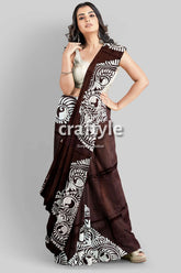 Dark cocoa brown soru tuli hand batik mulberry pure silk sari brown white patterned saree 2