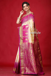 Dark cream and plum classic kanjivaram silk saree elegant pink cream saree 3