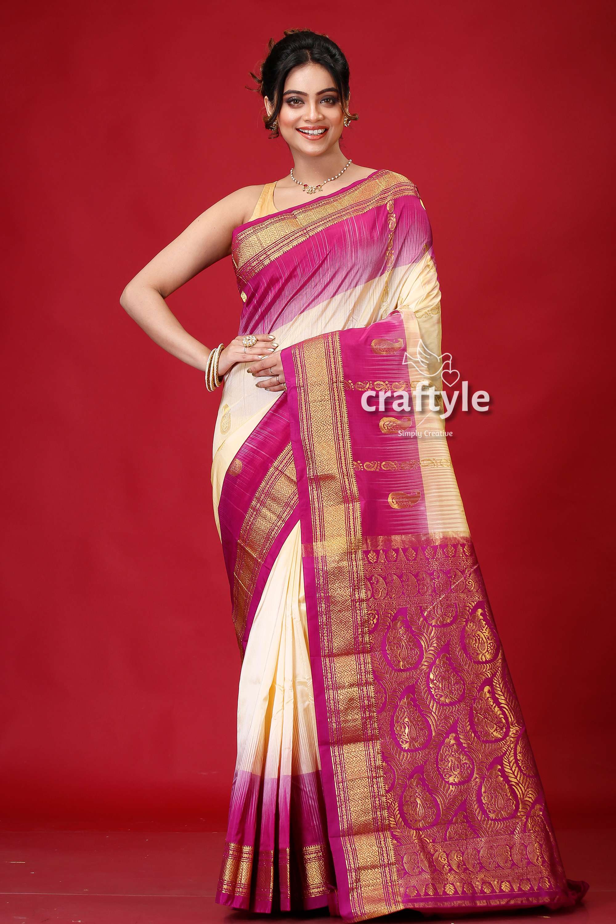 Dark Cream and Plum Classic Kanjivaram Silk Saree-Craftyle