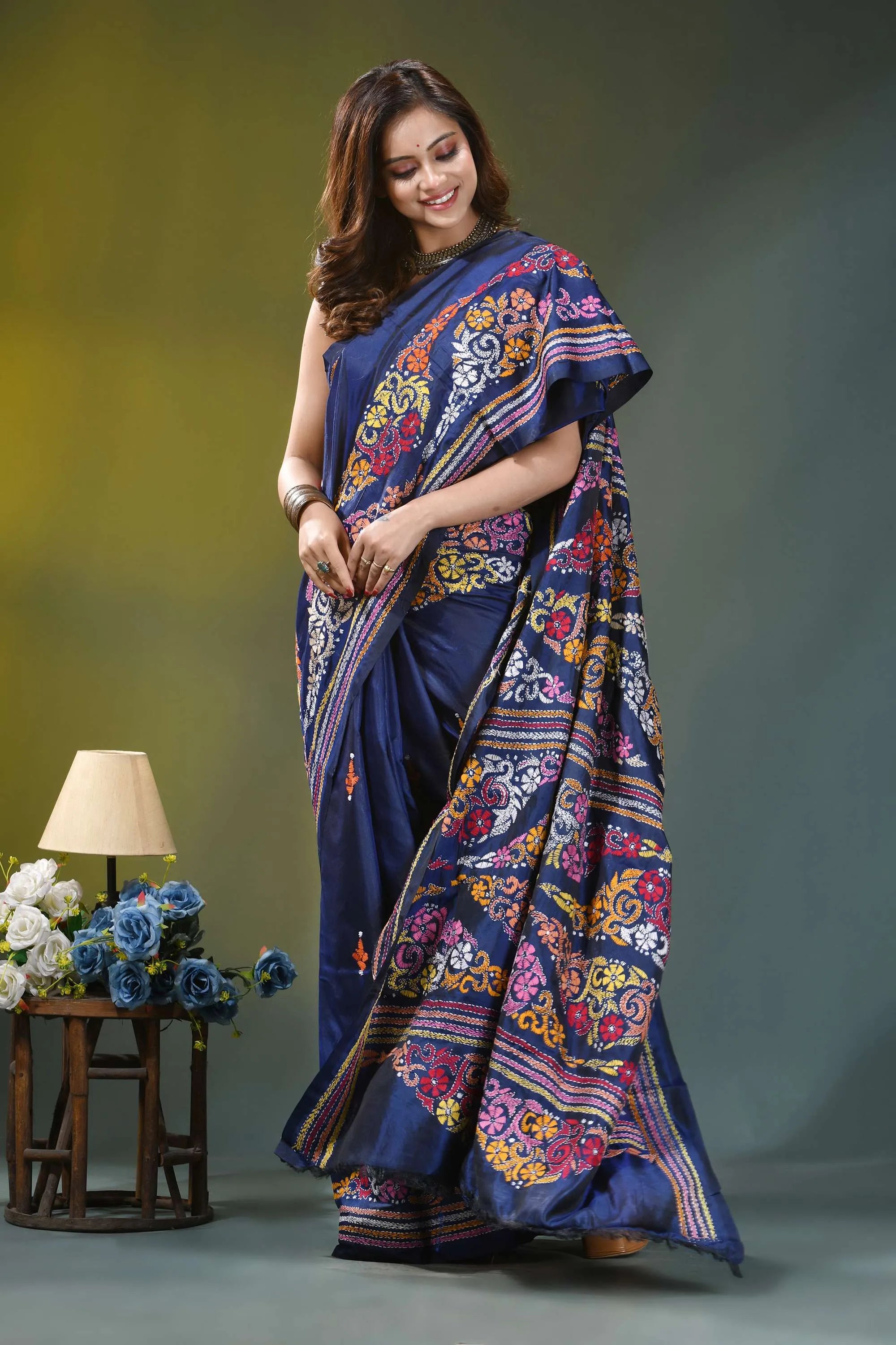 Dark denim blue multi-thread silk kantha stitch saree woman wears navy blue saree 5