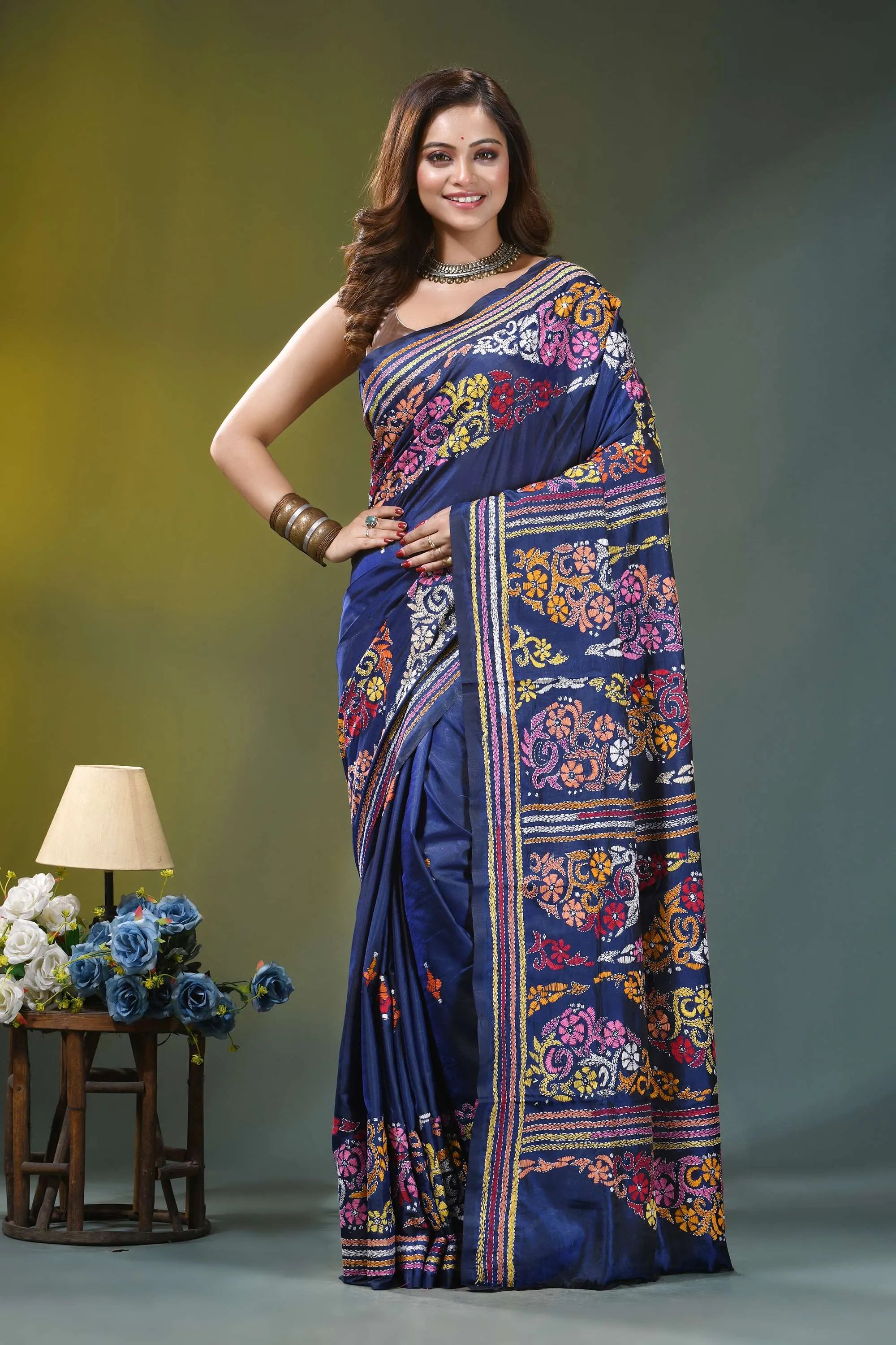Dark denim blue multi-thread silk kantha stitch saree navy blue silk saree adorned 1
