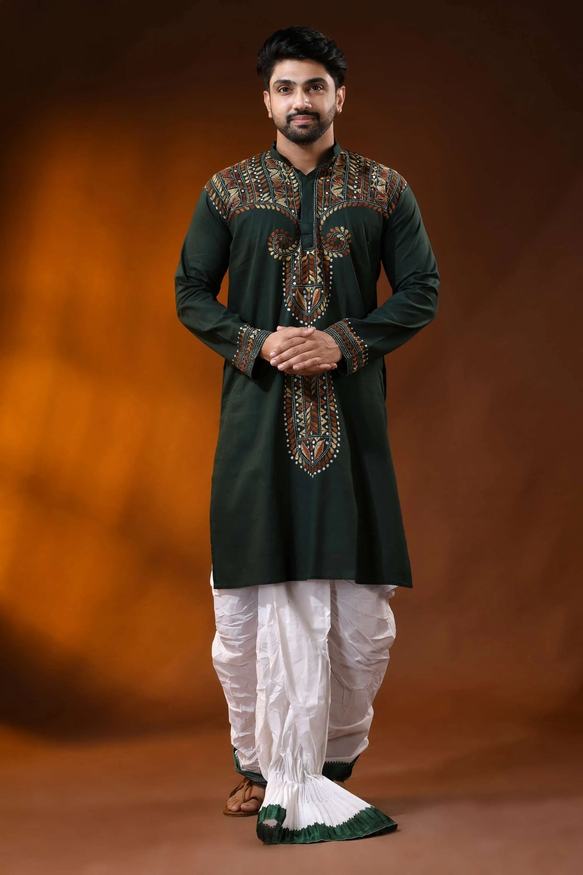 Dark green cotton kantha stitch kurta for men - rust hand embroidery 6