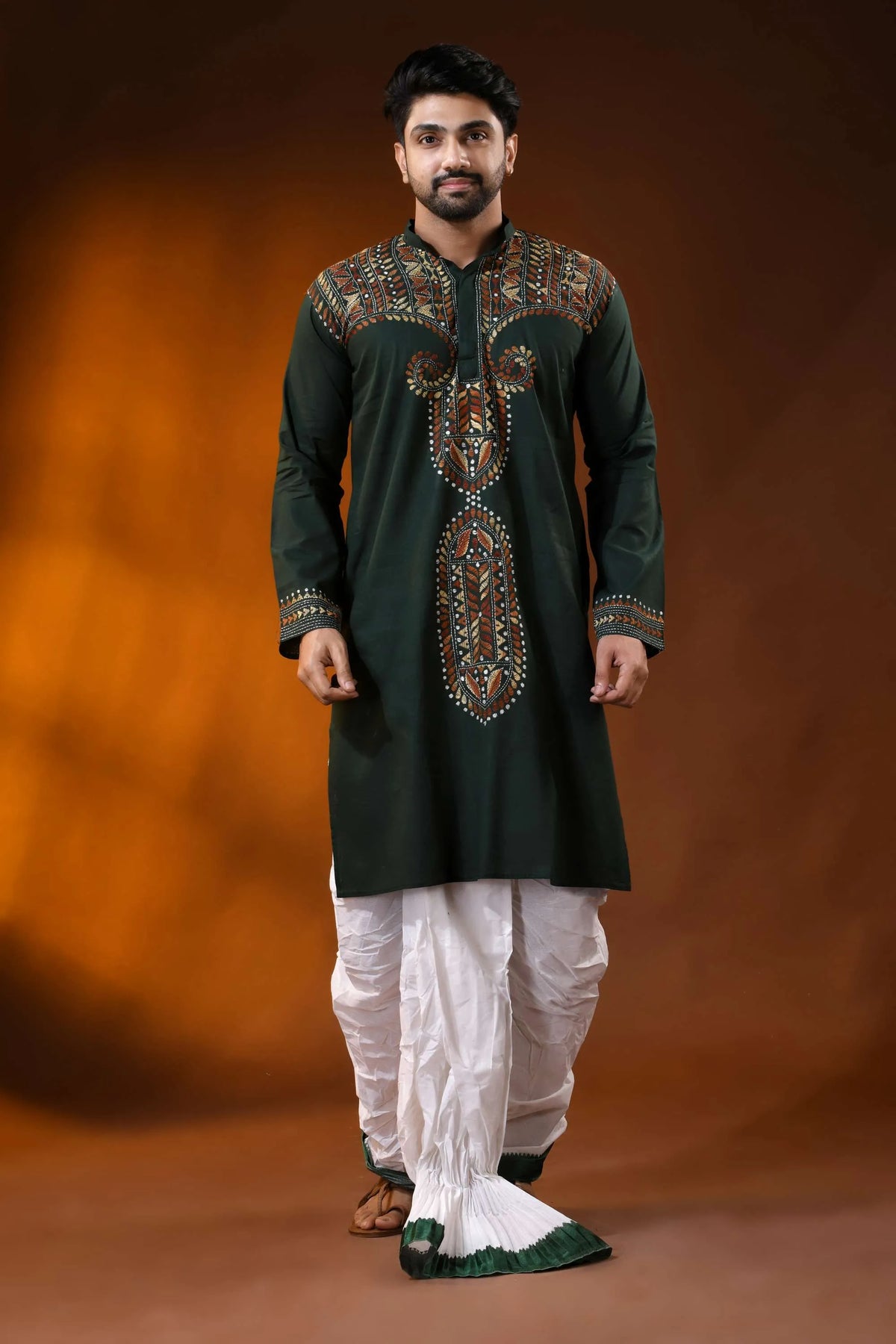 Dark green cotton kantha stitch kurta for men - rust hand embroidery 1