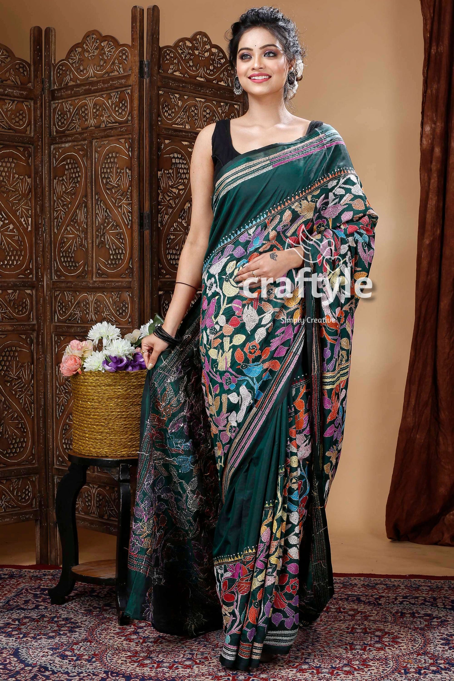 Dark Green Handmade Silk Kantha Embroidery Saree-Craftyle