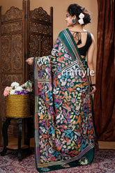 Dark Green Handmade Silk Kantha Embroidery Saree-Craftyle