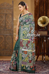 Dark green traditional silk kantha saree green patterned saree 4