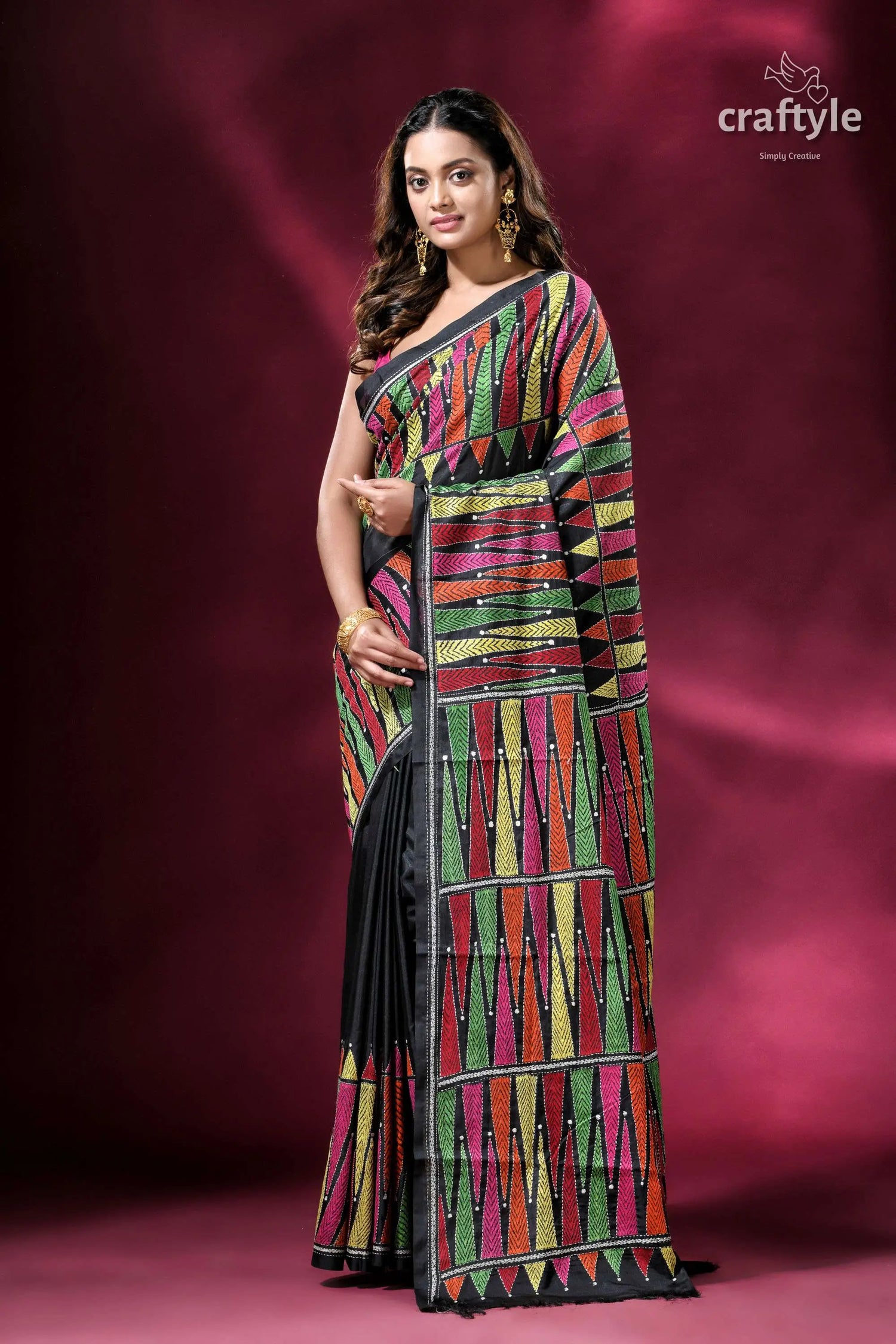 Dark green vibrant hand embroidered silk kantha saree woman colorful patterned saree 1