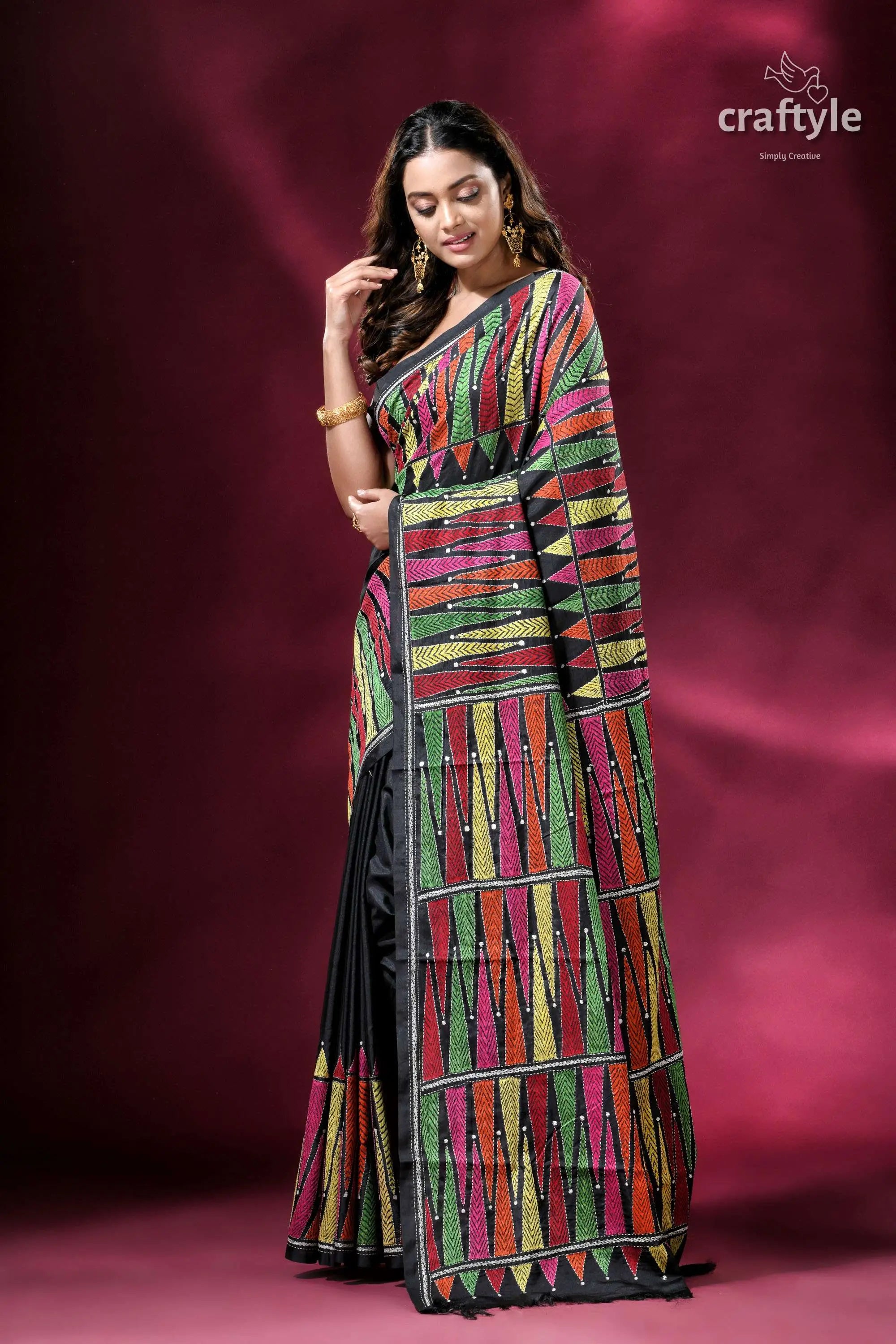 Dark green vibrant hand embroidered silk kantha saree woman colorful geometric saree 3