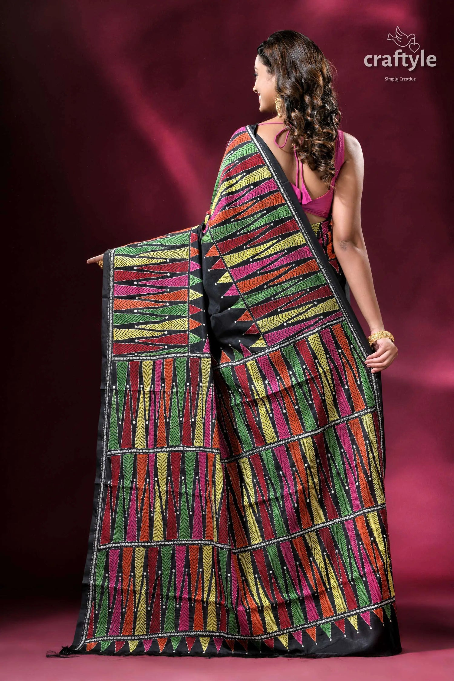 Dark green vibrant hand embroidered silk kantha saree black saree colorful geometric embroidery 5