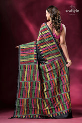 Dark green vibrant hand embroidered silk kantha saree black saree colorful geometric embroidery 5