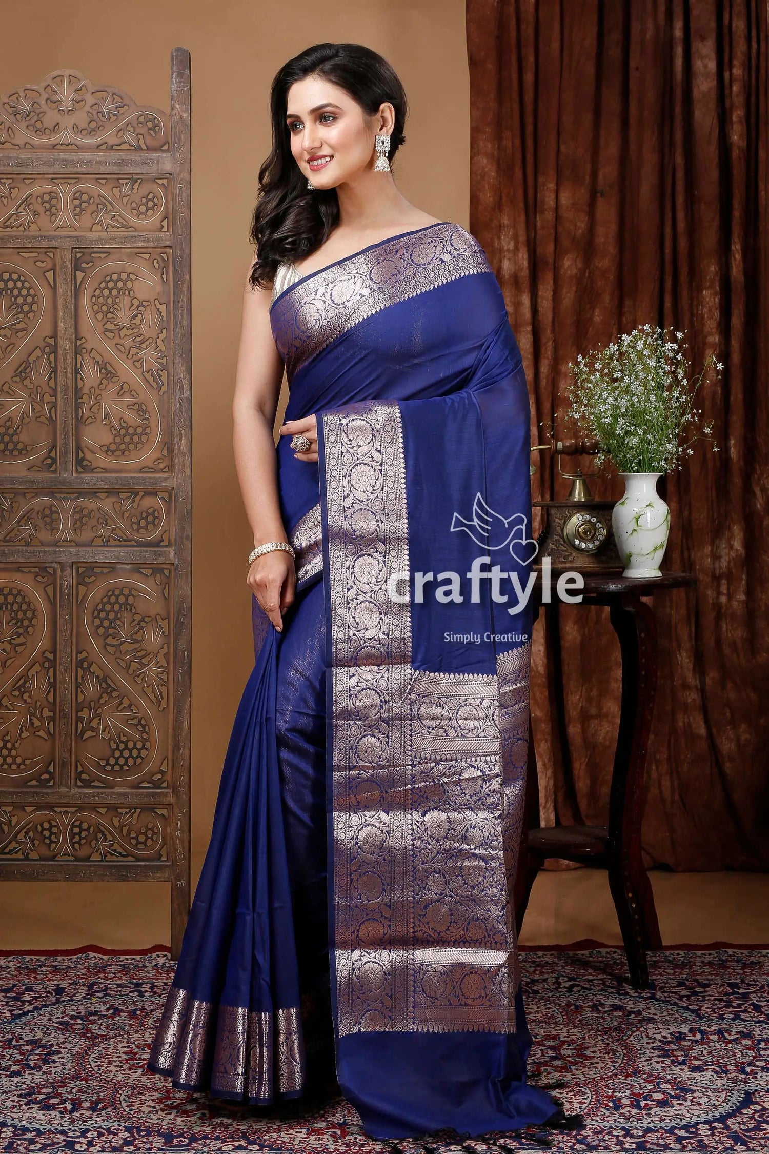 Dark gulf blue manipuri silk saree with zari border blue saree silver border 3