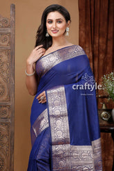 Dark gulf blue manipuri silk saree with zari border blue silk saree silver border 2