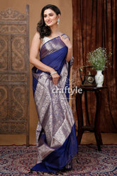 Dark gulf blue manipuri silk saree with zari border blue silver saree 4
