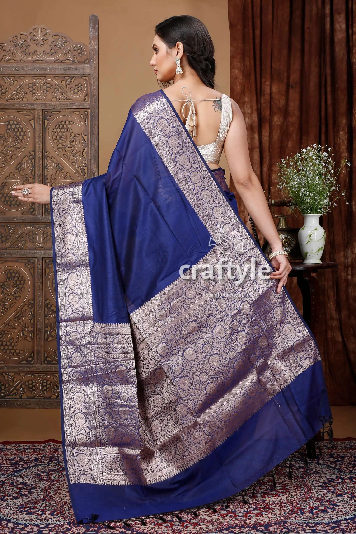 Dark gulf blue manipuri silk saree with zari border blue saree silver border 5