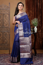 Dark gulf blue manipuri silk saree with zari border woman blue saree silver border 1