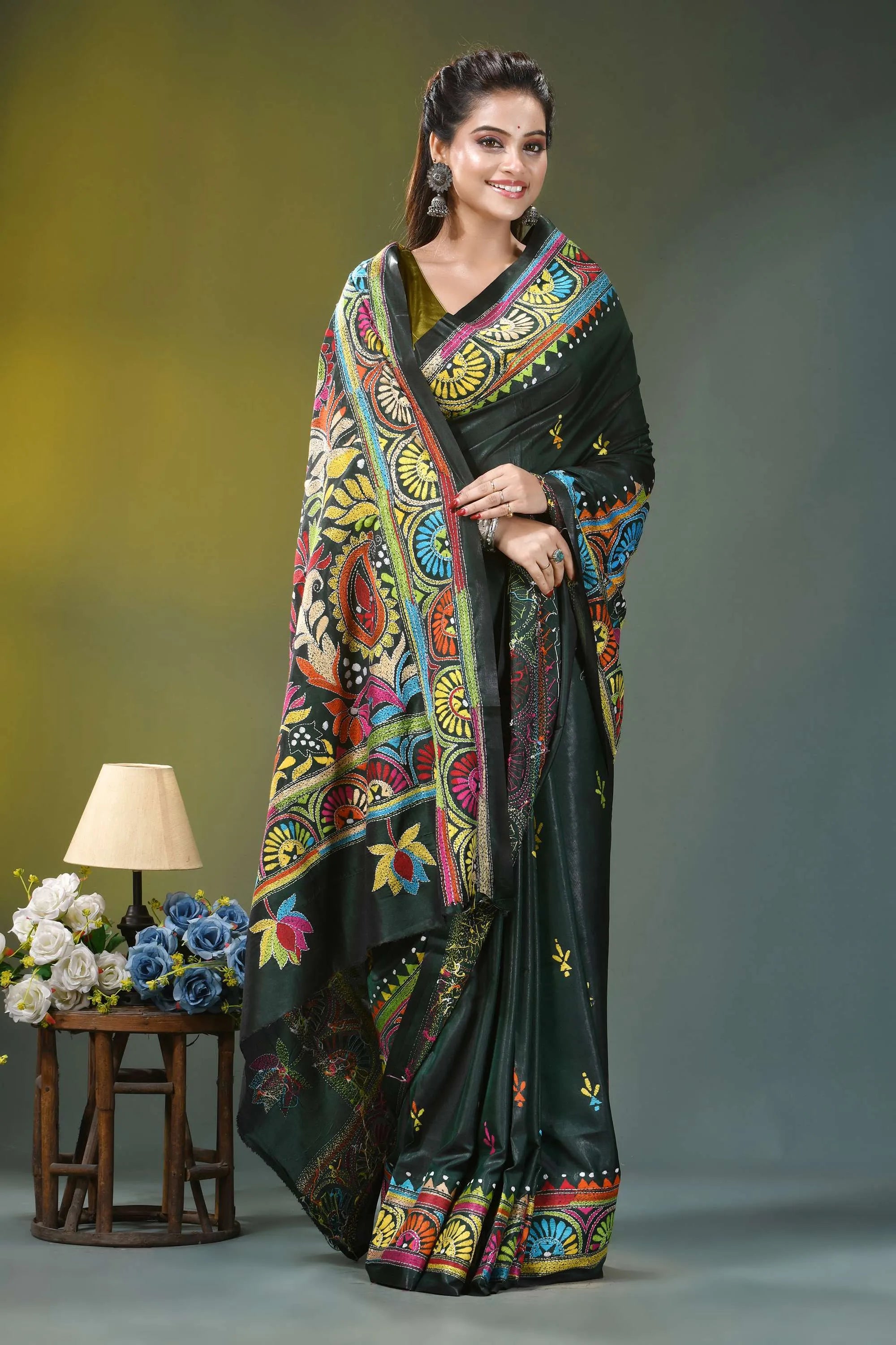 Dark jungle green floral pattern silk kantha stitch saree vibrant black saree adorned intricate 6