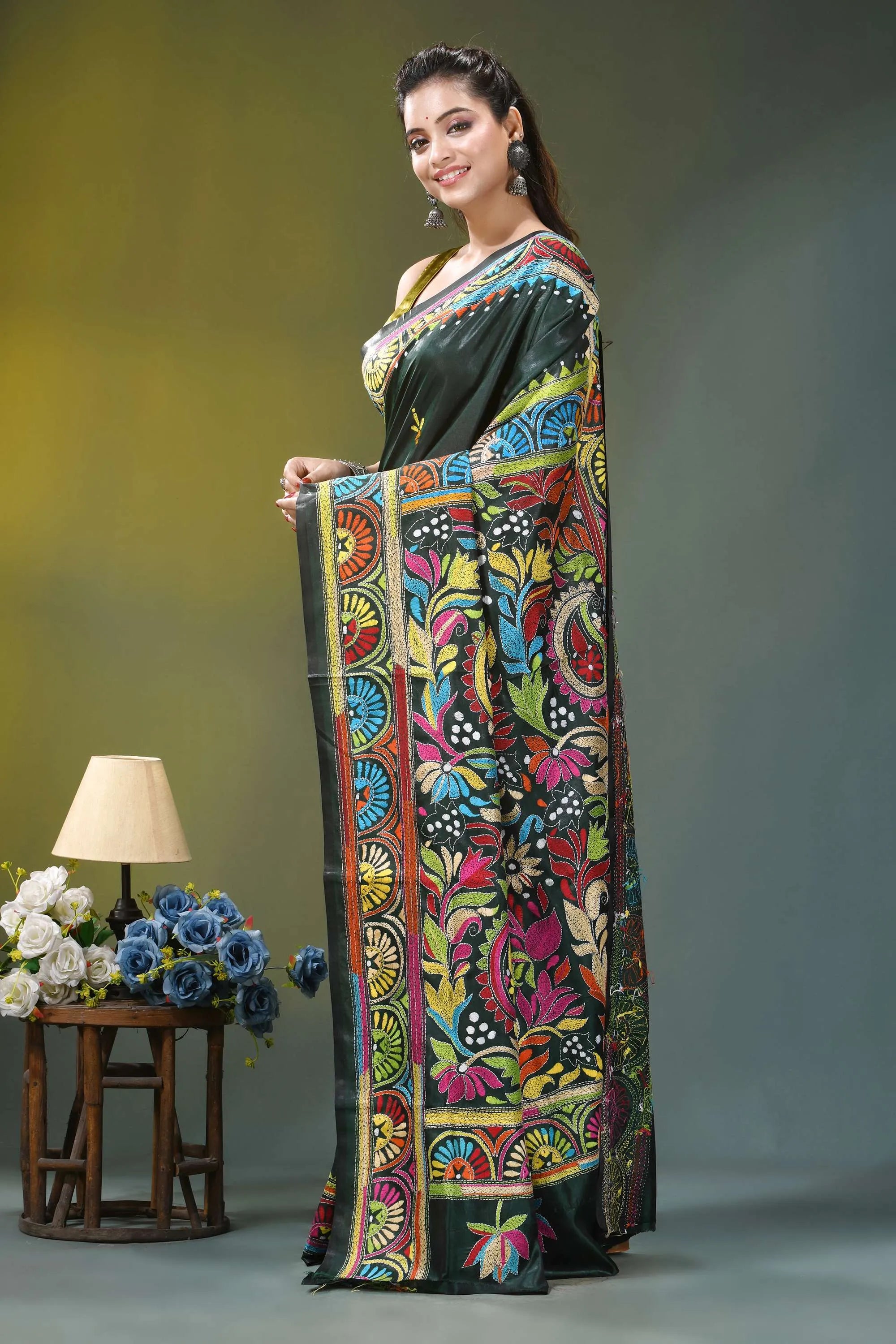 Dark jungle green floral pattern silk kantha stitch saree vibrant intricately embroidered black saree 3