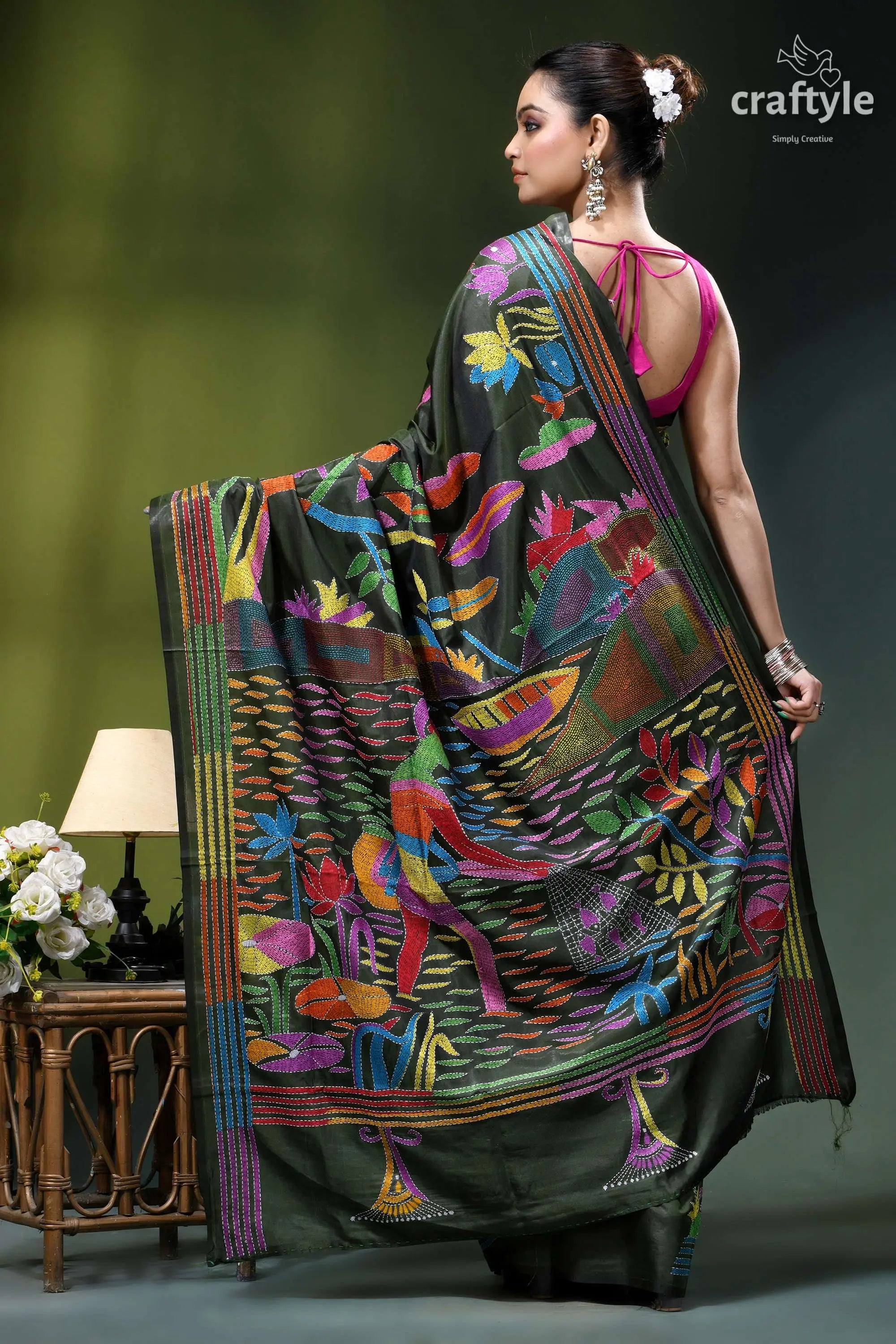 Dark jungle green village theme hand kantha stitched silk saree vibrant dark green silk saree 5