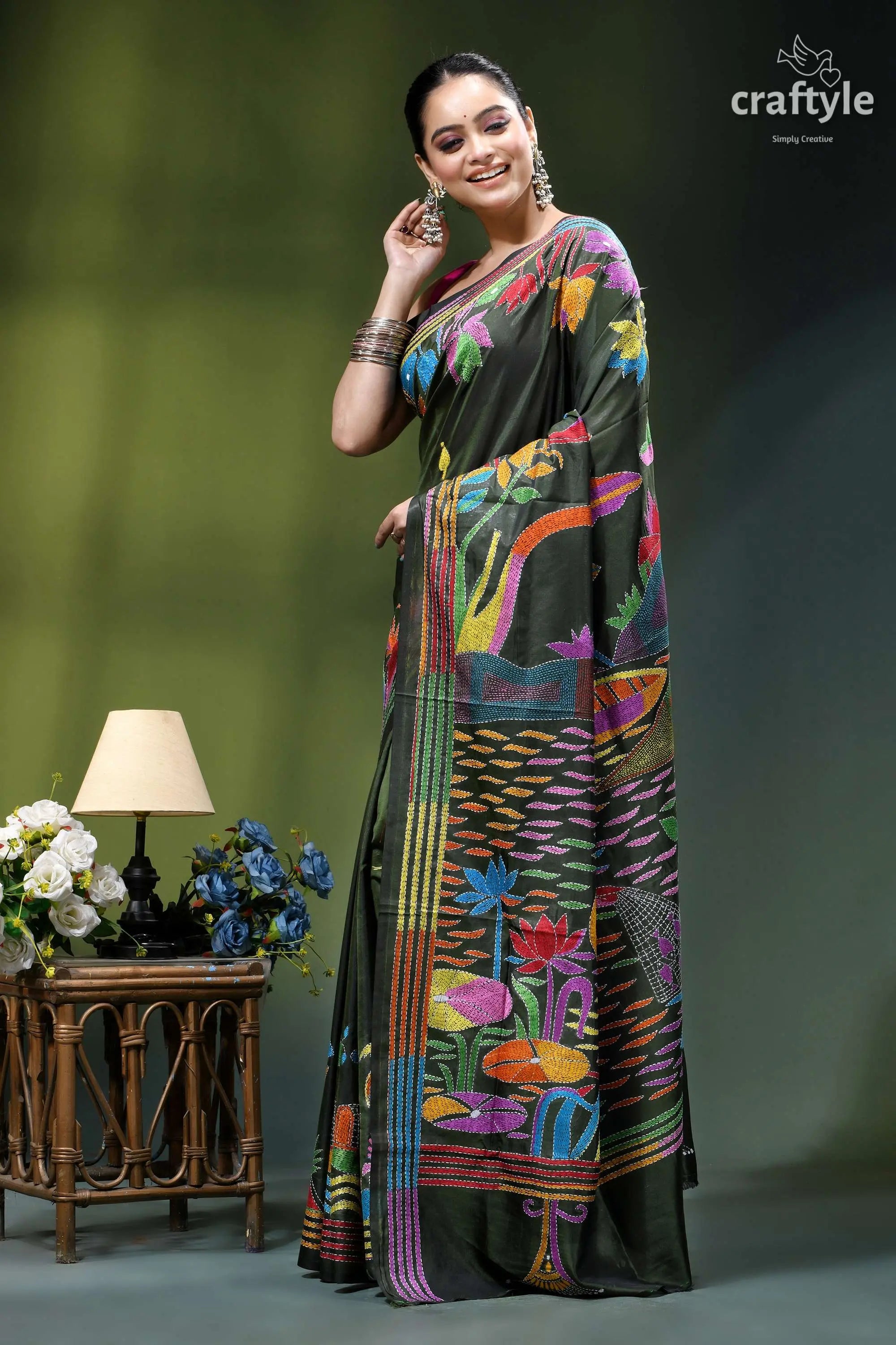 Dark jungle green village theme hand kantha stitched silk saree vibrant dark green hand-embroidered saree 3