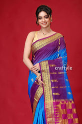 Dark lavender and blue kanjivaram silk saree blue purple saree gold border 2