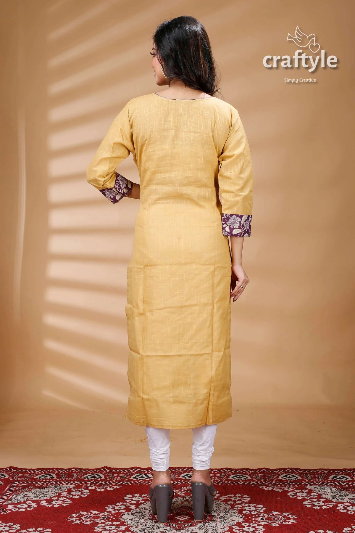 Dark lavender cotton printed angrakha kurti with side knot woman’s yellow kurta patterned cuffs 4
