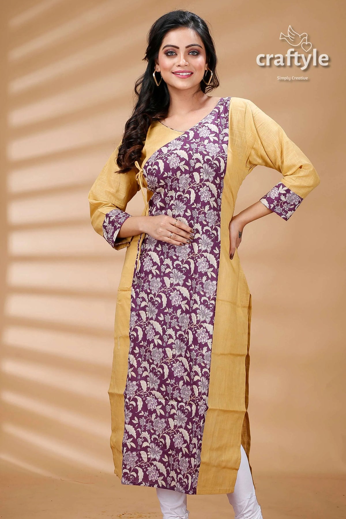 Dark lavender cotton printed angrakha kurti with side knot floral-patterned kurta gold accents 2