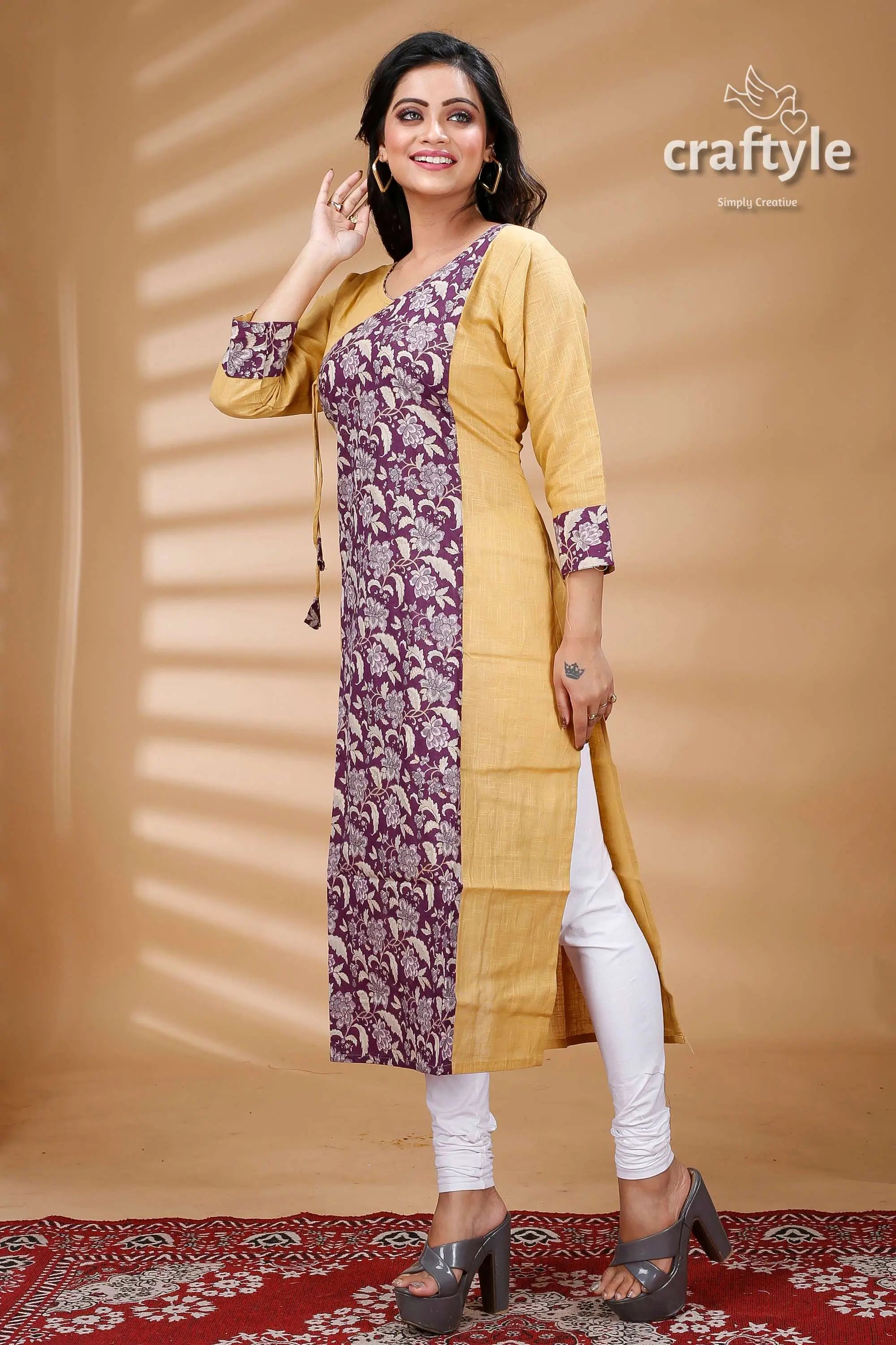 Dark lavender cotton printed angrakha kurti with side knot woman yellow purple floral kurta 3