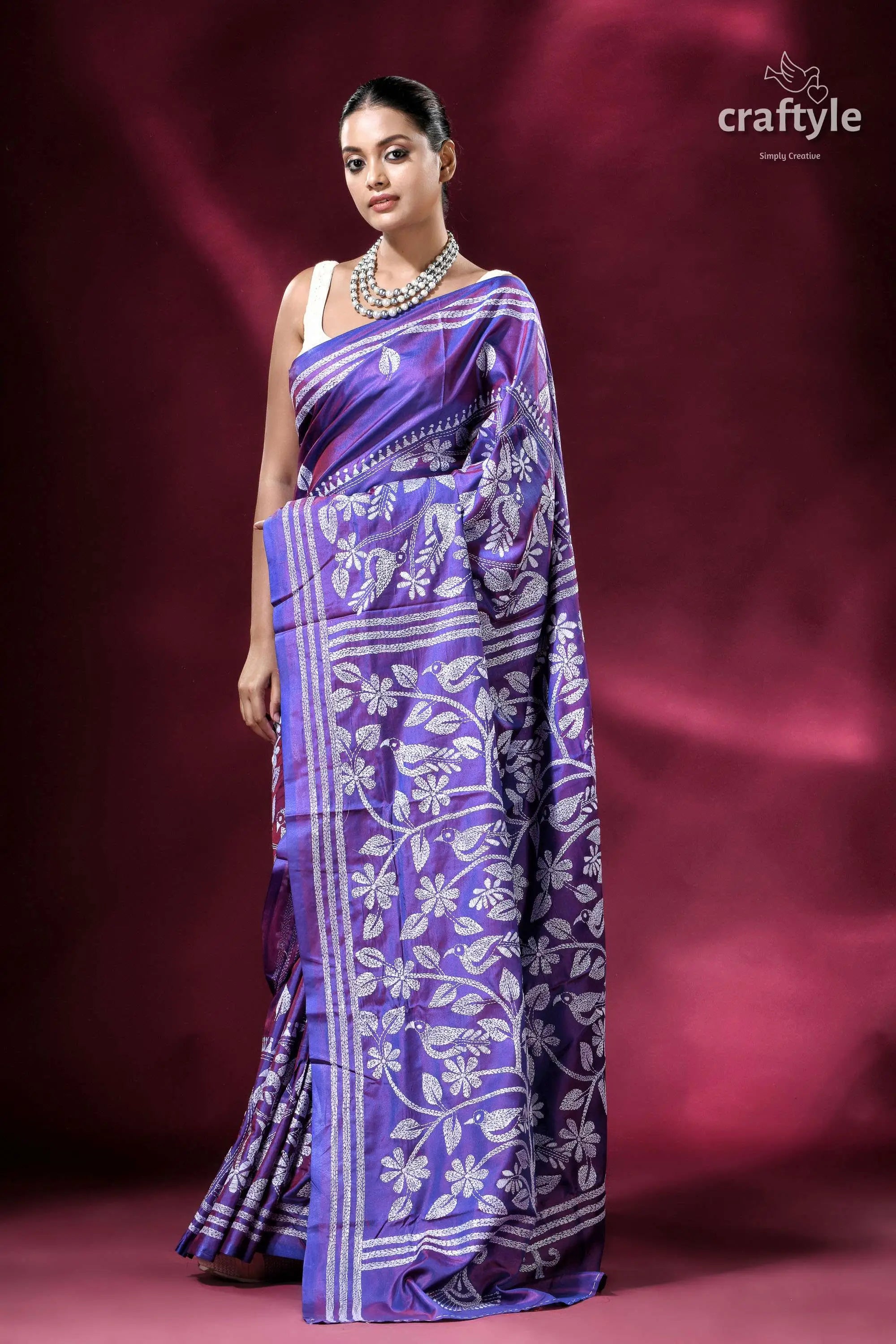 Dark lavender dual tone bird pattern silk kantha saree purple saree white floral bird 5