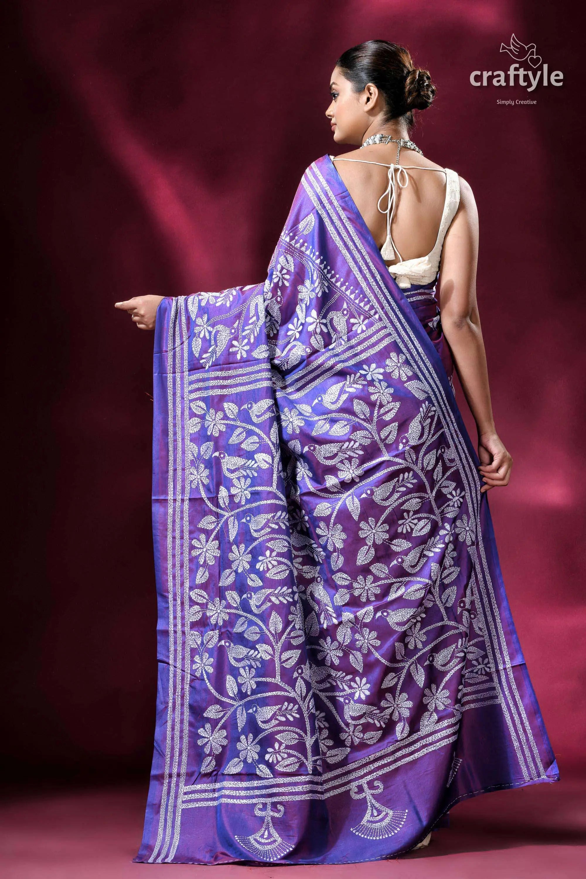Dark lavender dual tone bird pattern silk kantha saree purple saree white floral embroidery 4