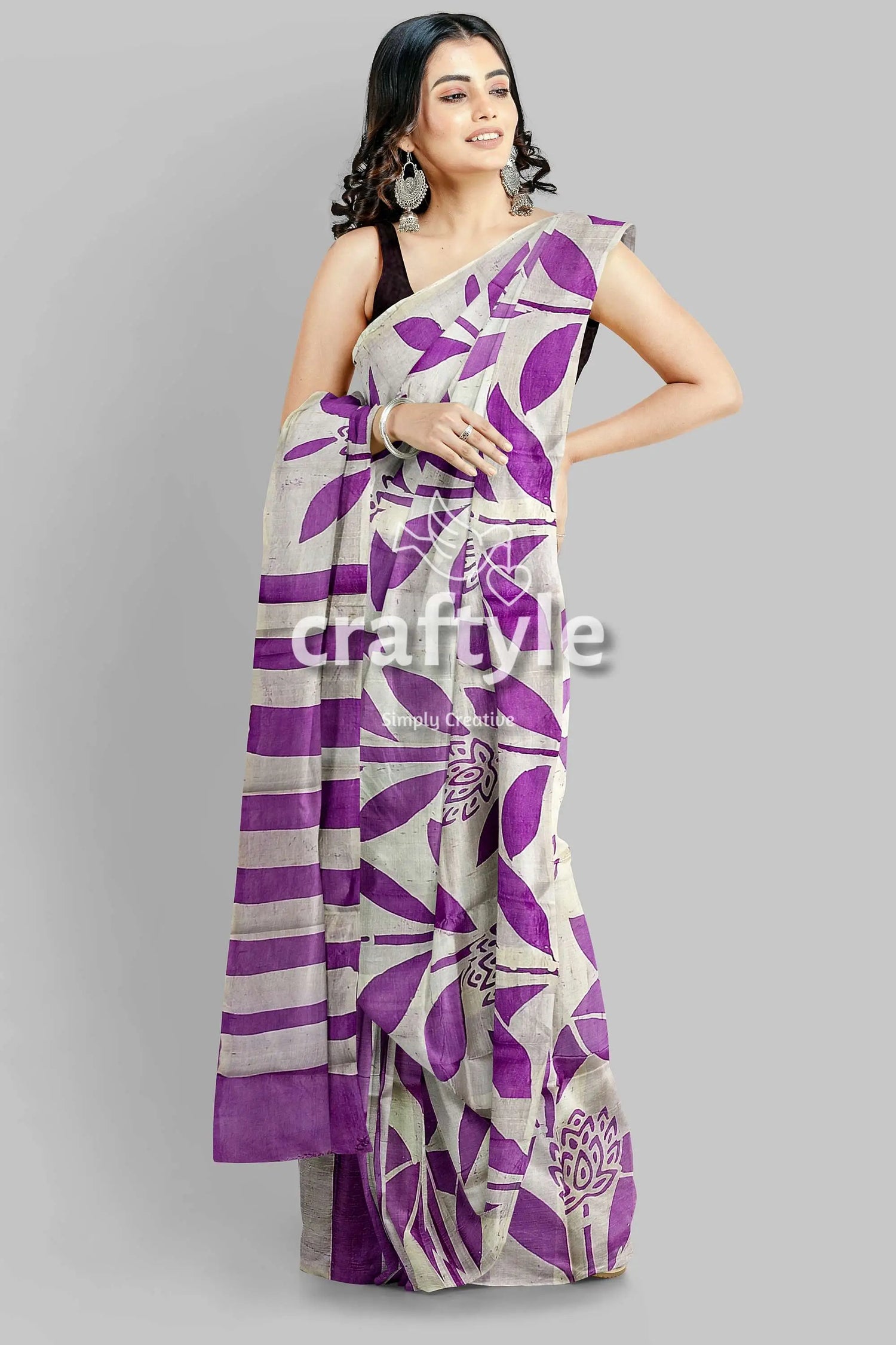 Dark lavender hand batik mulberry pure silk saree - exclusive woman white purple floral saree 4