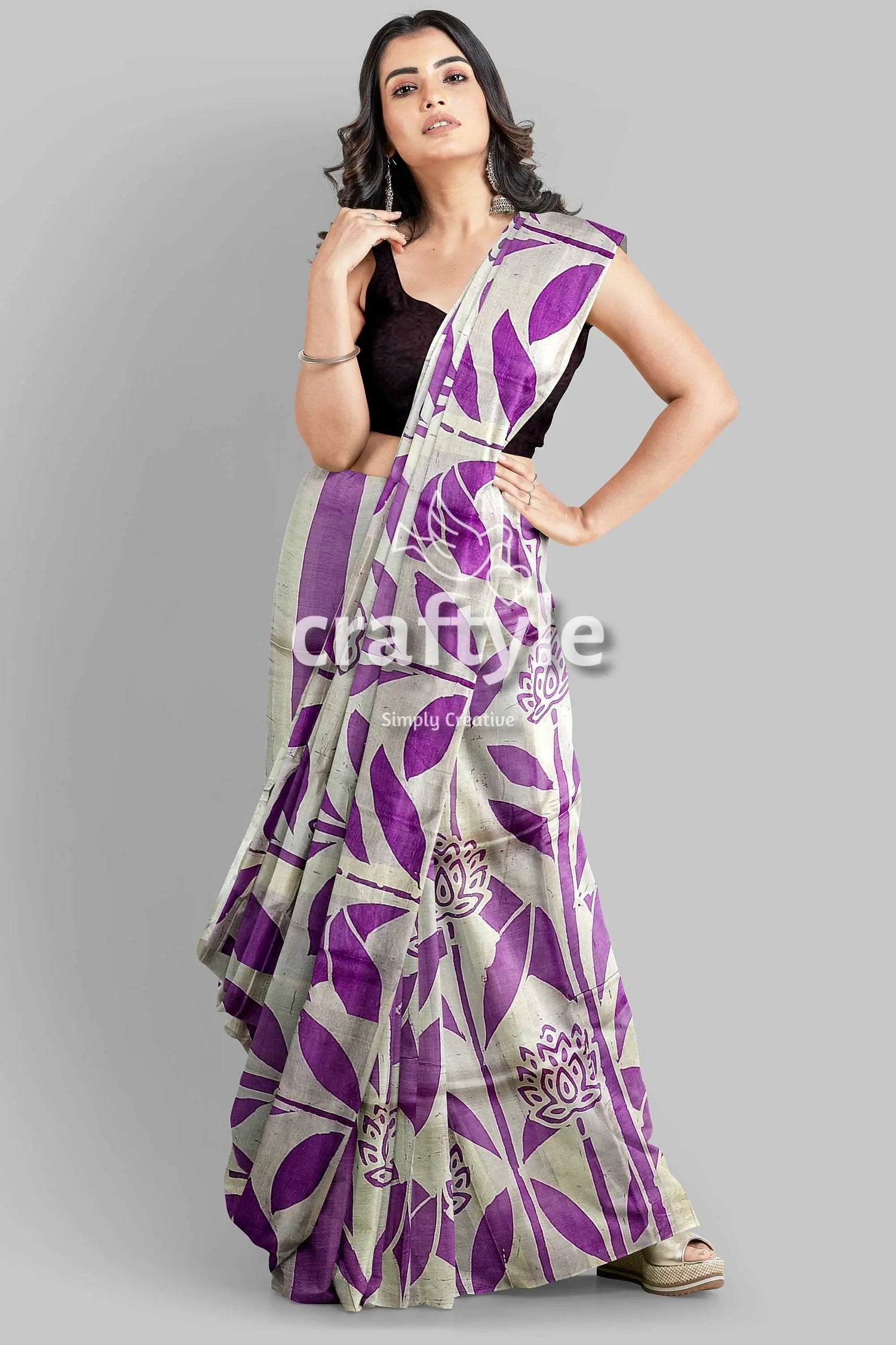 Dark lavender hand batik mulberry pure silk saree - exclusive woman purple white floral saree 3