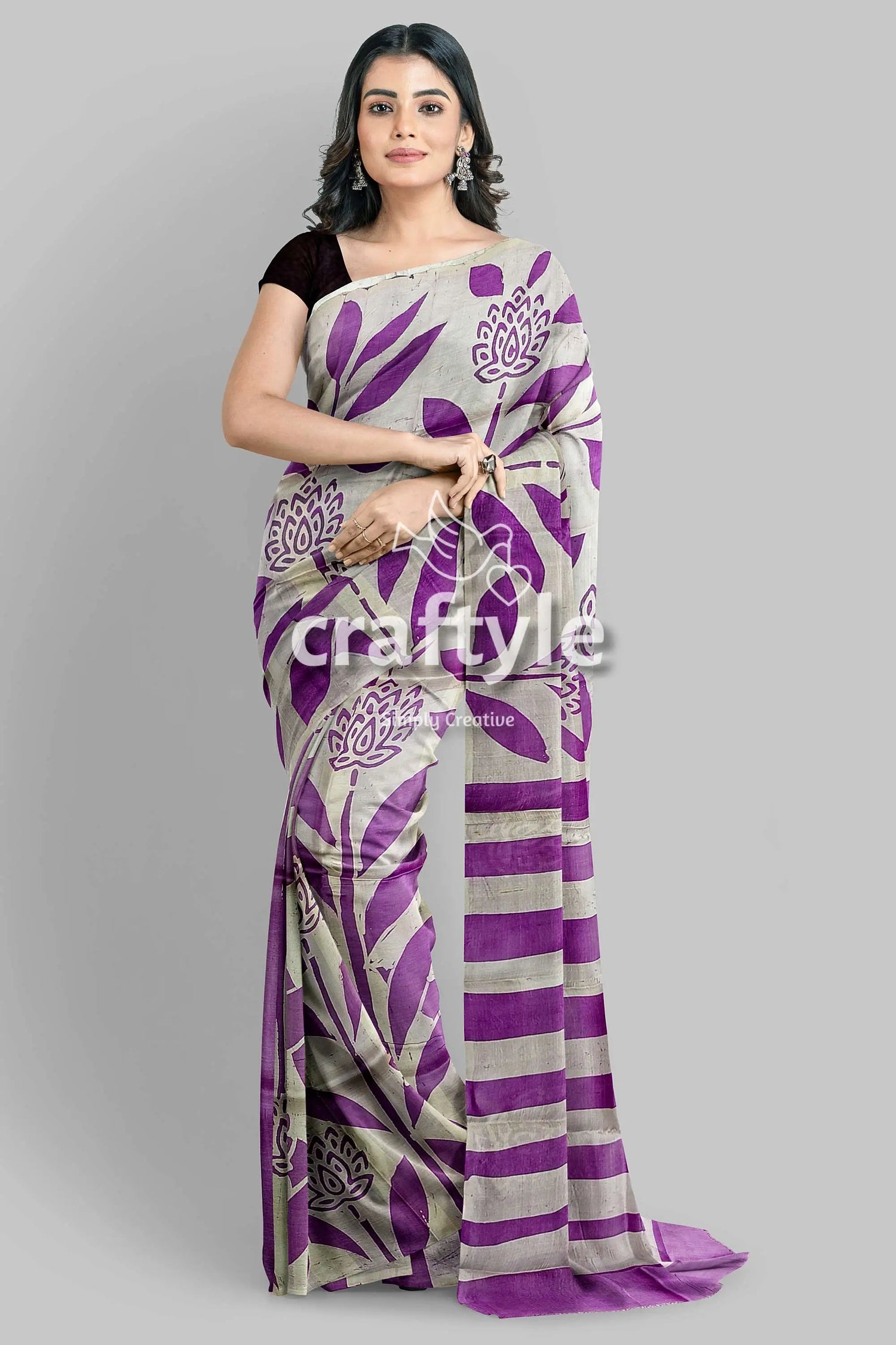 Dark lavender hand batik mulberry pure silk saree - exclusive woman purple white saree 5