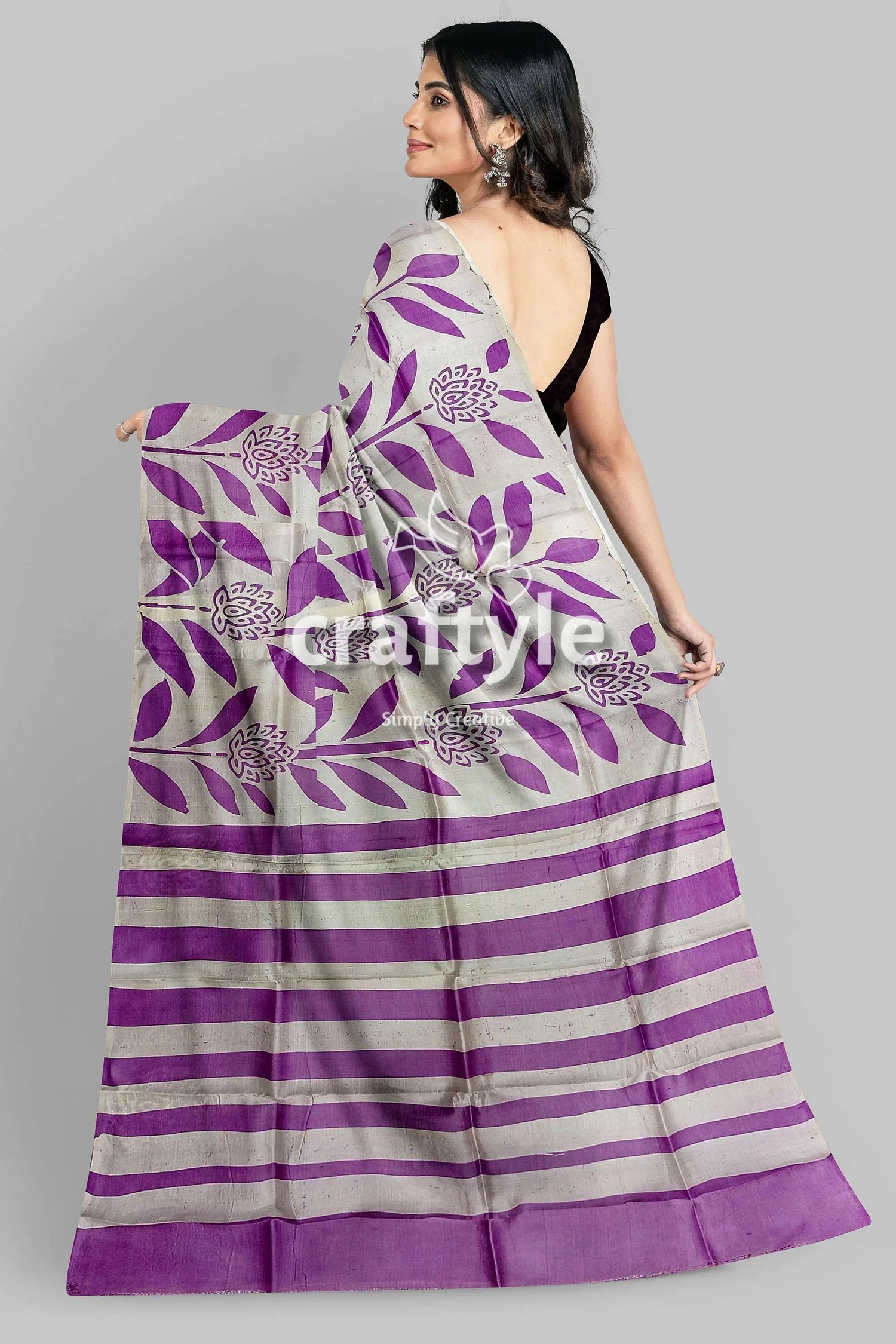 Dark lavender hand batik mulberry pure silk saree - exclusive woman purple white floral striped 6