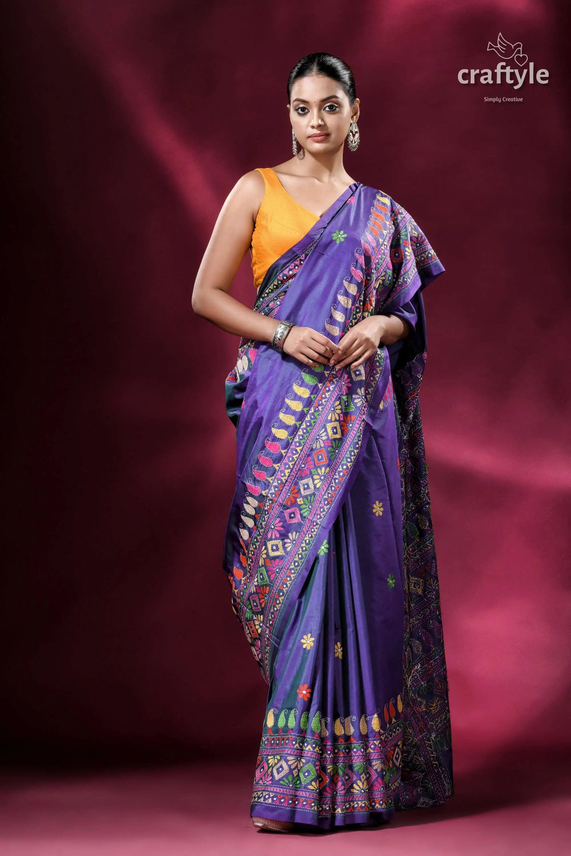 Dark lavender multithread silk kantha saree woman purple saree colorful embroidery 5