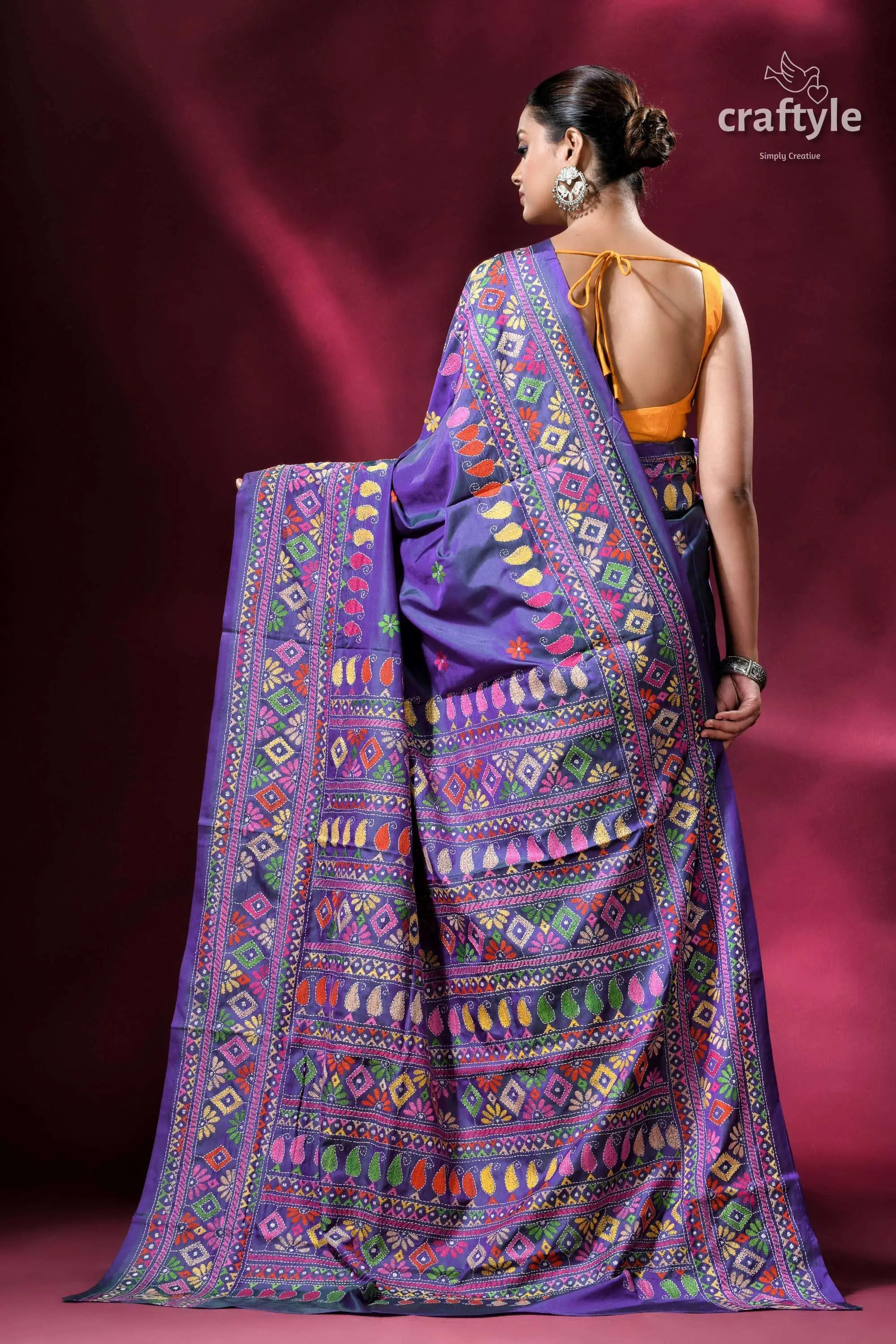 Dark lavender multithread silk kantha saree purple saree colorful embroidery 4