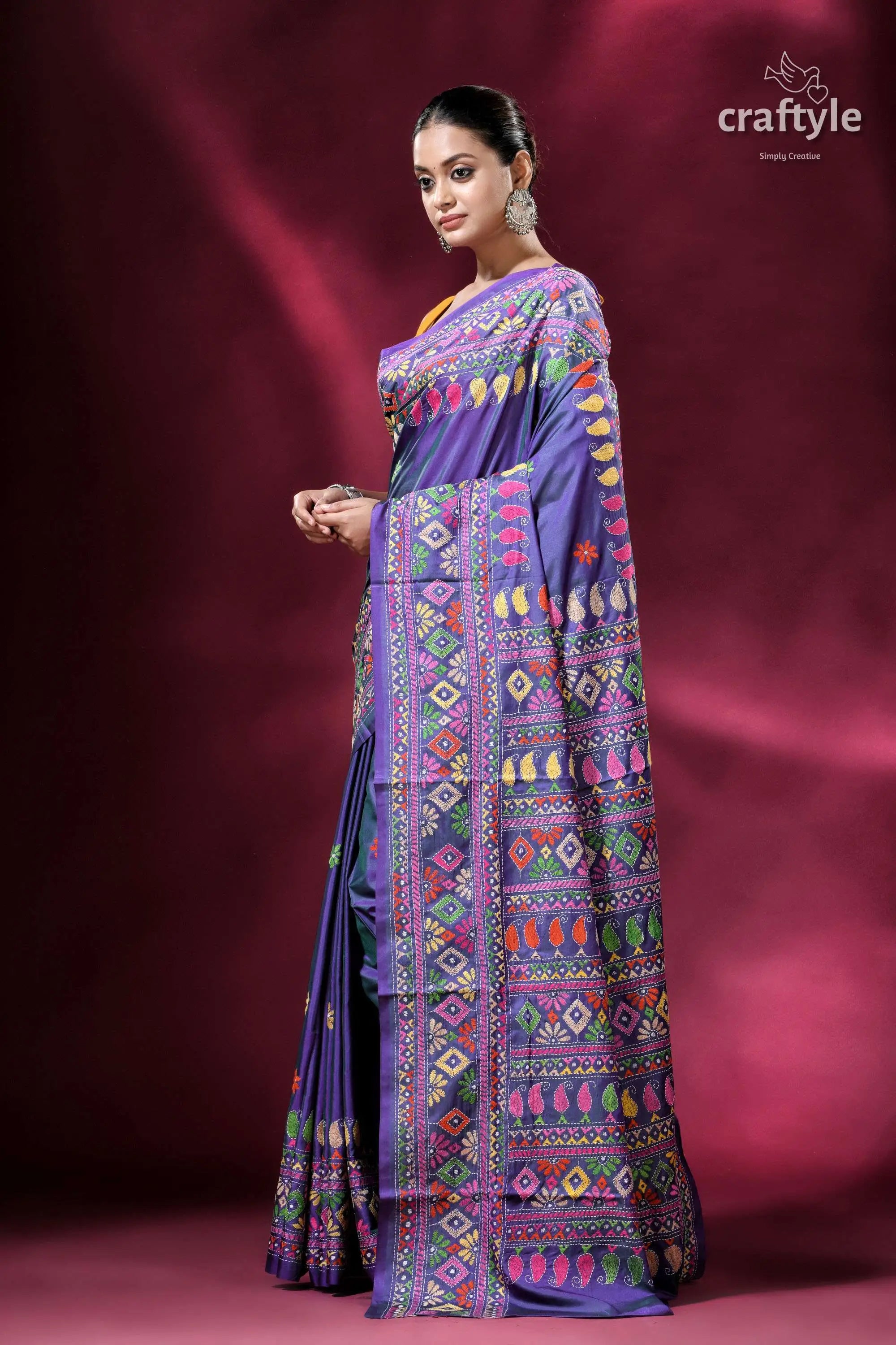 Dark lavender multithread silk kantha saree purple embroidered saree 3