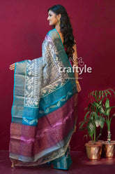 Dark magenta hand block print zari border pure tussar silk sari elegant patterned saree 4