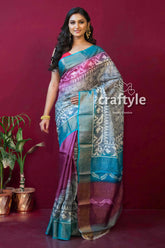 Dark magenta hand block print zari border pure tussar silk sari woman patterned saree 3