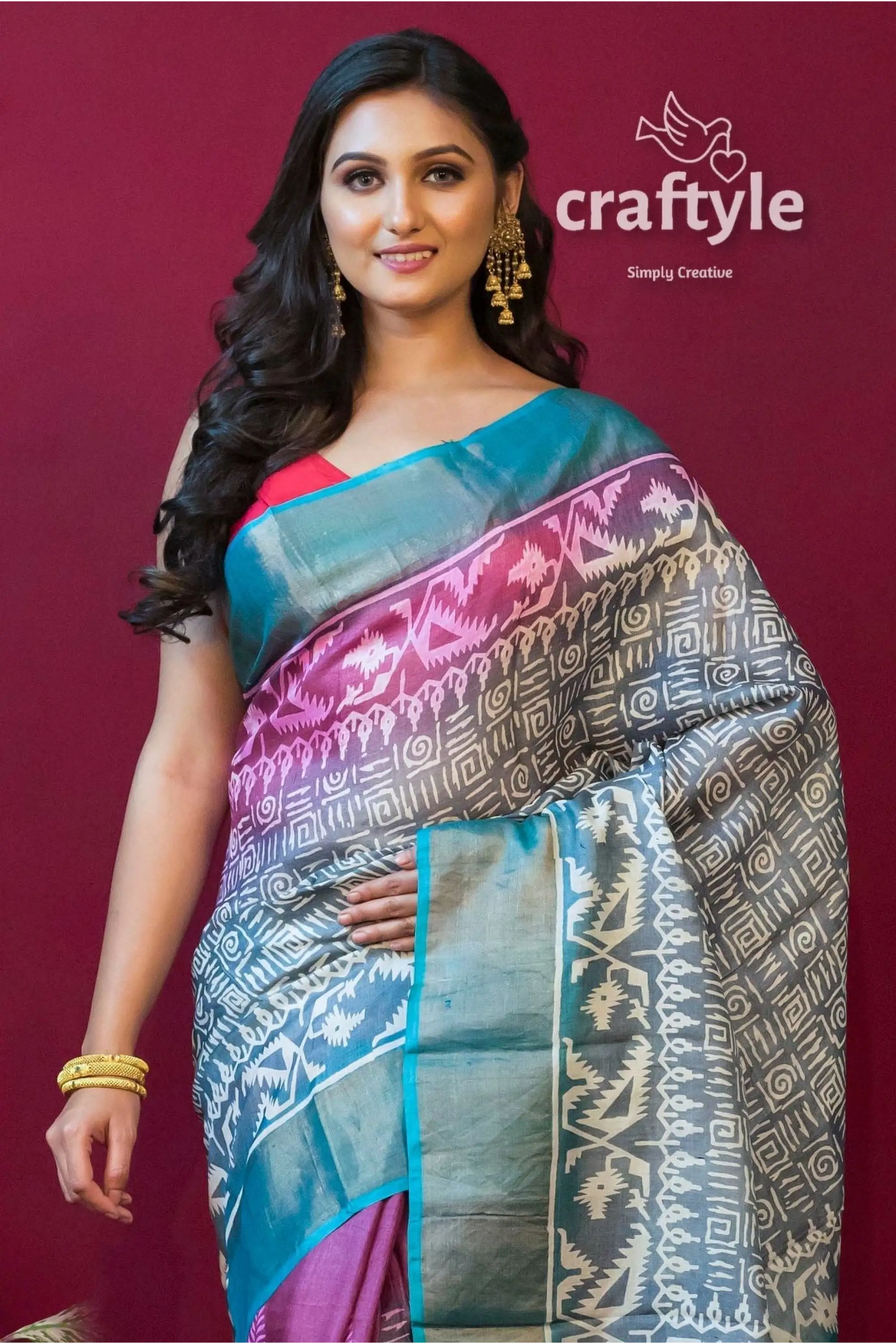 Dark magenta hand block print zari border pure tussar silk sari colorful patterned saree 2